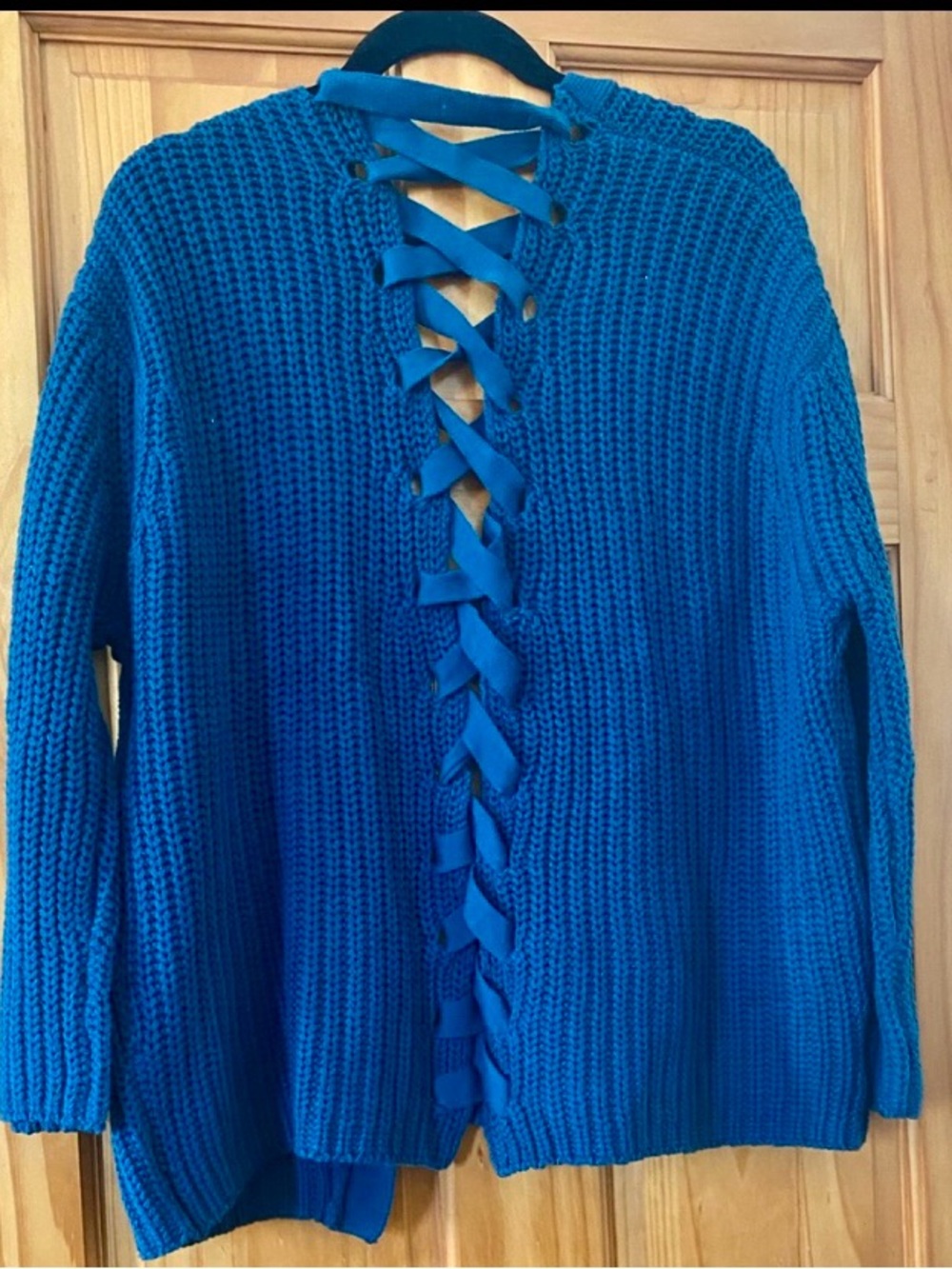 Lunik Chunky Knit Lace Up Back Cardigan Teal Blue Open Front Sweater Small